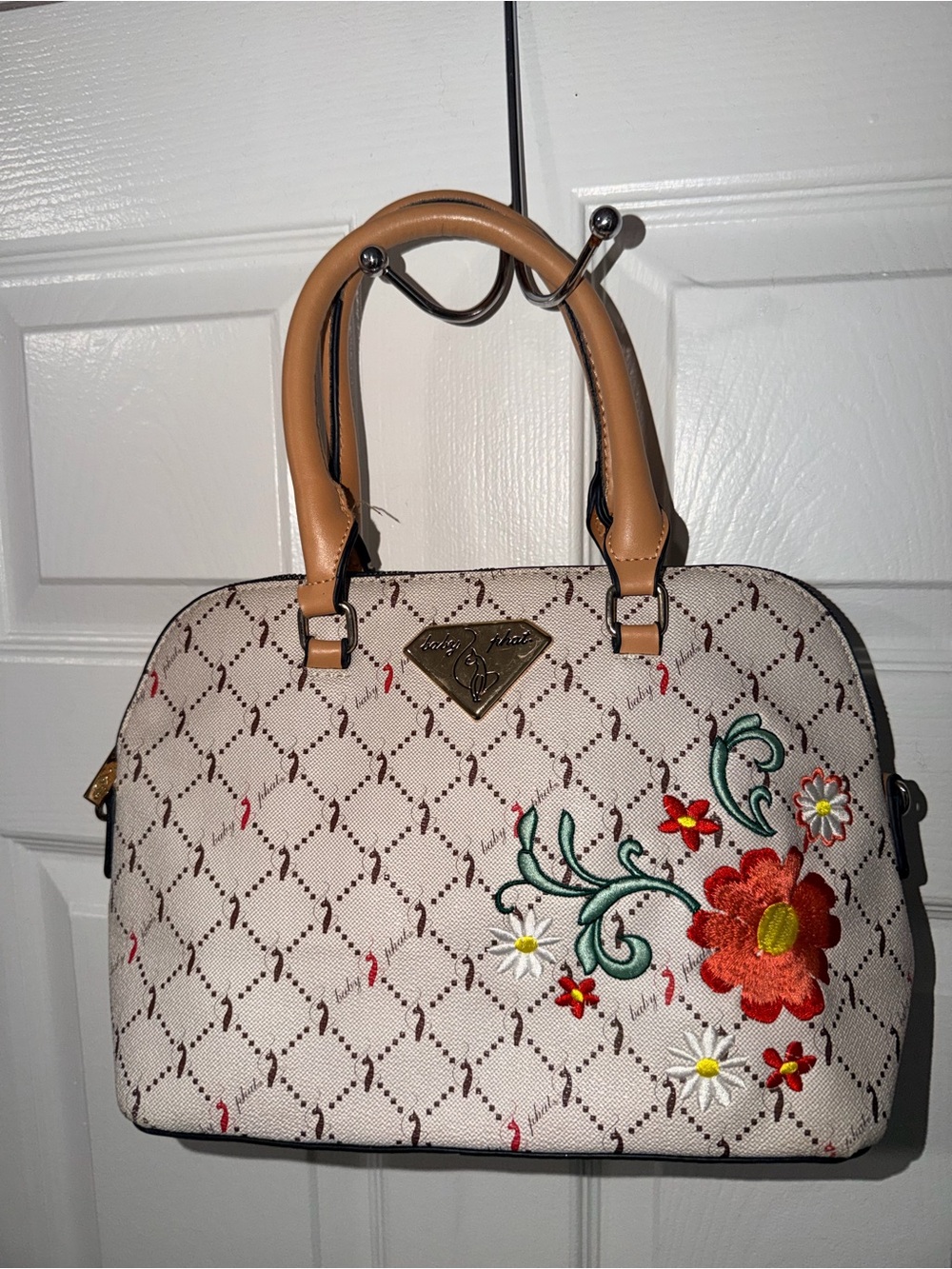 Baby Phat Embroidered Floral‎ Satchel Purse Cream Monogram Handbag Y2K